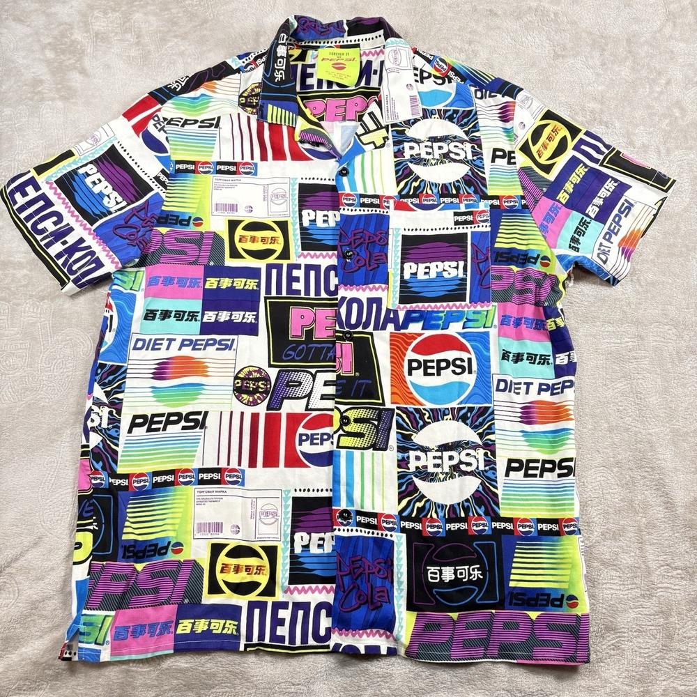 Forever 21 Pepsi Retro Neon Button Up Shirt Men's Small All Over Print EUC - Picture 8 of 8